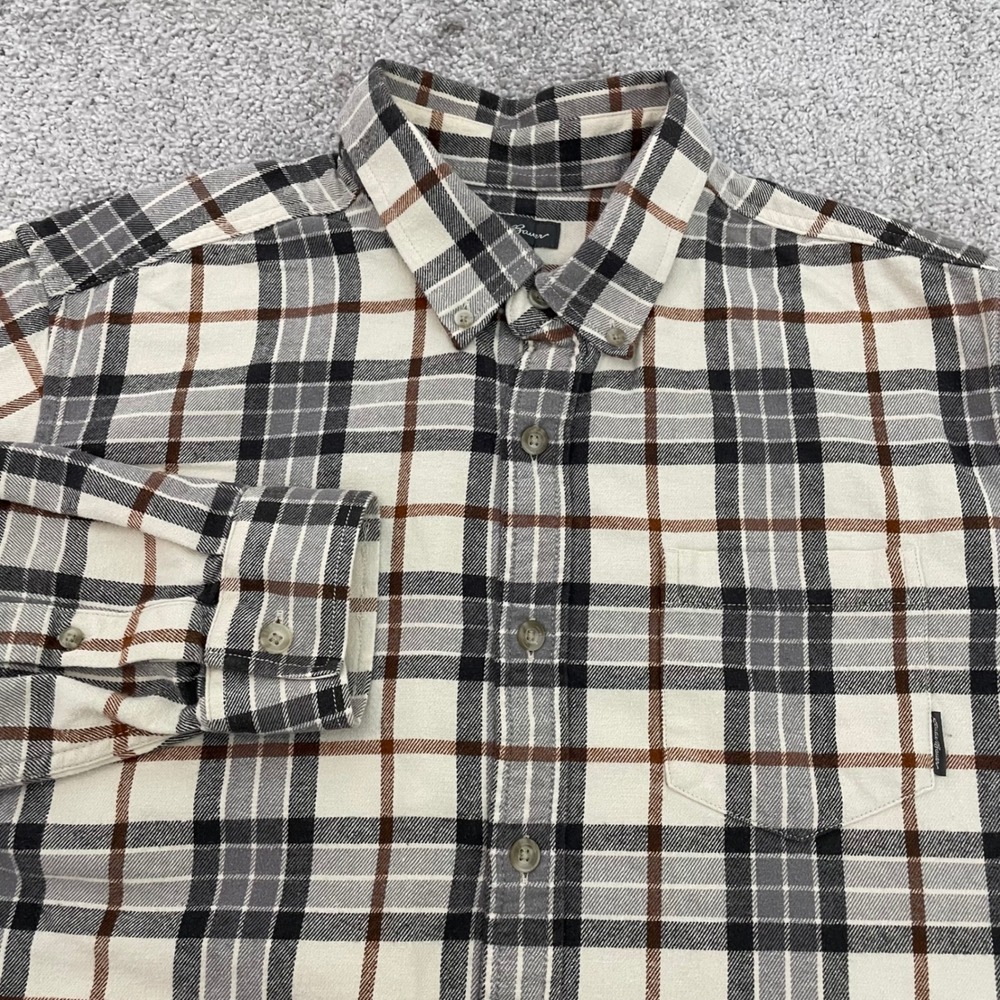 Eddie Bauer Shirt Mens Large Cream Brown Plaid Flannel Button Down Lumberjack